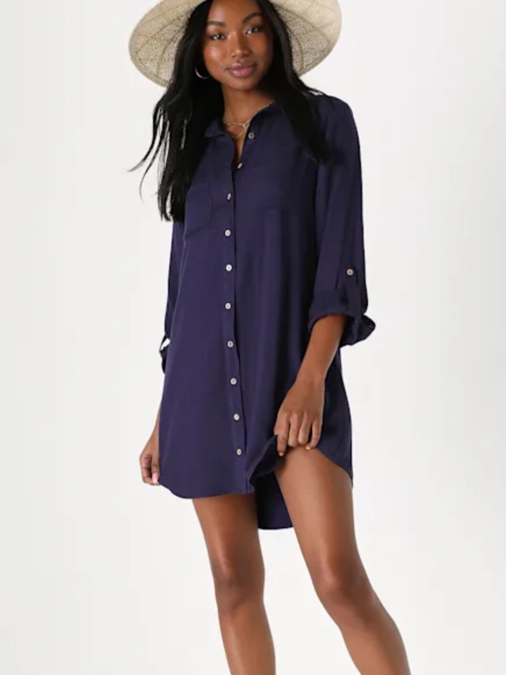 Lulu's Navy Sonoma Sweetie Button-Up Mini Long Sleeve Shirt Dress